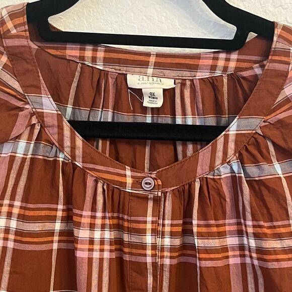 a.n.a. Womens Peasant Blouse 0X XL Plaid Boho Cottage Button Brown Cotton Puff - Picture 4 of 9